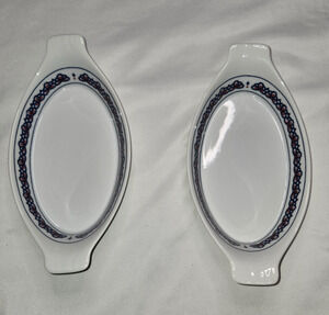 Vintage Manor House Porcelain Oval Handled Serving Dishes Blue Red Set of 2